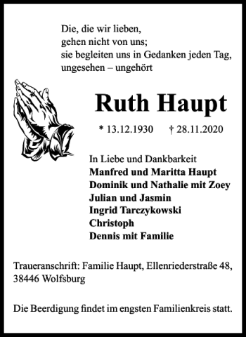 Traueranzeige von Ruth Haupt von Wolfsburger Nachrichten