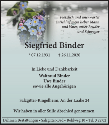 Traueranzeige von Siegfried Binder von Salzgitter Zeitung