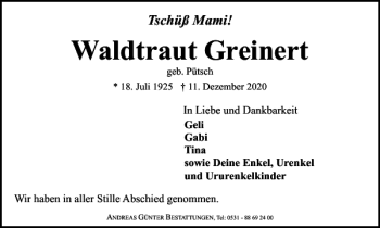 Traueranzeige von Waldtraut Greinert von Braunschweiger Zeitung