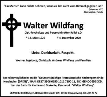Traueranzeige von Walter Wildfang von Braunschweiger Zeitung
