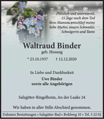 Traueranzeige von Waltraud Binder von Salzgitter Zeitung