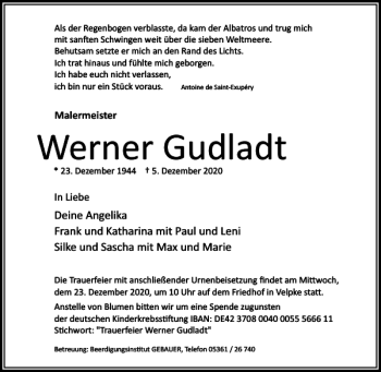 Traueranzeige von Werner Gudladt von Wolfsburger Nachrichten
