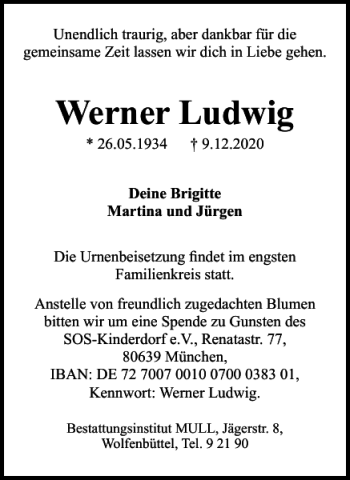Traueranzeige von Werner Ludwig von Wolfenbütteler Zeitung