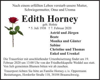 Traueranzeige von Edith Horney von Braunschweiger Zeitung