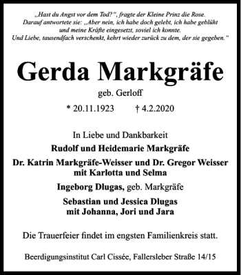 Traueranzeige von Gerda Markgräfe von Braunschweiger Zeitung