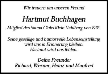 Traueranzeige von Hartmut Buchhagen von Wolfenbütteler Zeitung