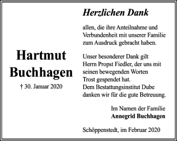 Traueranzeige von Hartmut Buchhagen von Wolfenbütteler Zeitung