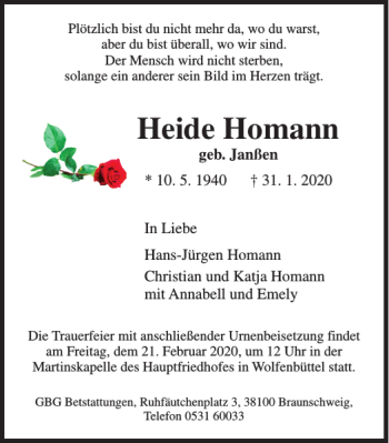 Traueranzeige von Heide Homann von Braunschweiger Zeitung