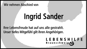 Traueranzeige von Ingrid Sander von Braunschweiger Zeitung
