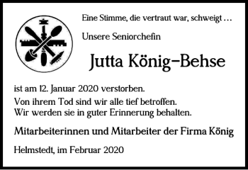 Traueranzeige von Jutta König-Behse von Helmstedter Nachrichten
