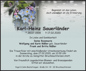 Traueranzeige von Karl-Heinz Sauerländer von Salzgitter Zeitung