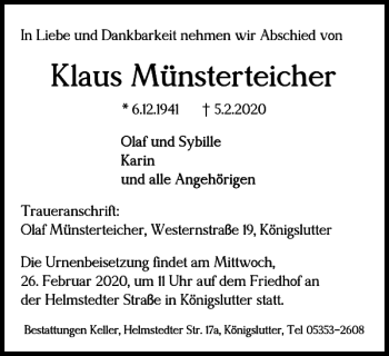 Traueranzeige von Klaus Münsterteicher von Helmstedter Nachrichten