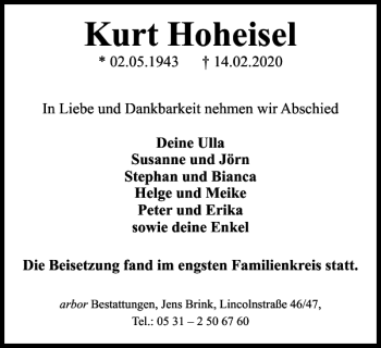 Traueranzeige von Kurt Hoheisel von Braunschweiger Zeitung