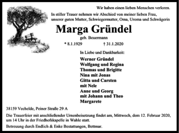 Traueranzeige von Marga Gründel von Braunschweiger Zeitung