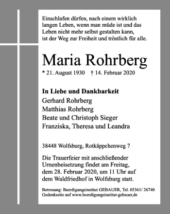 Traueranzeige von Maria Rohrberg von Wolfsburger Nachrichten