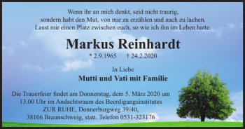 Traueranzeige von Markus Reinhardt von Braunschweiger Zeitung