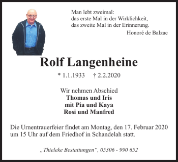 Traueranzeige von Rolf Langenheine von Braunschweiger Zeitung