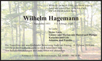 Traueranzeige von Wilhelm Hagemann von Braunschweiger Zeitung