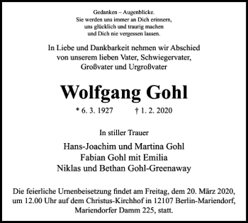 Traueranzeige von Wolfgang Gohl von Braunschweiger Zeitung