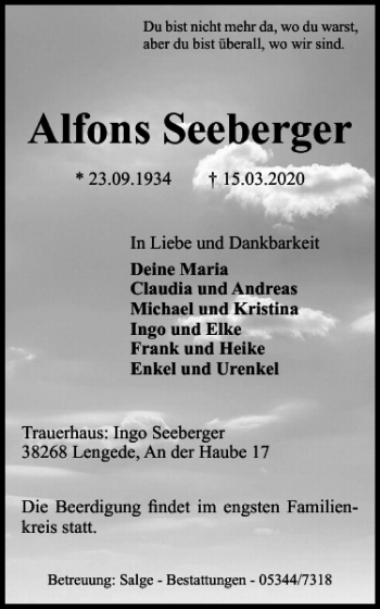 Traueranzeige von Alfons Seeberger von Peiner Nachrichten