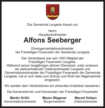 Traueranzeige von Alfons Seeberger von Peiner Nachrichten