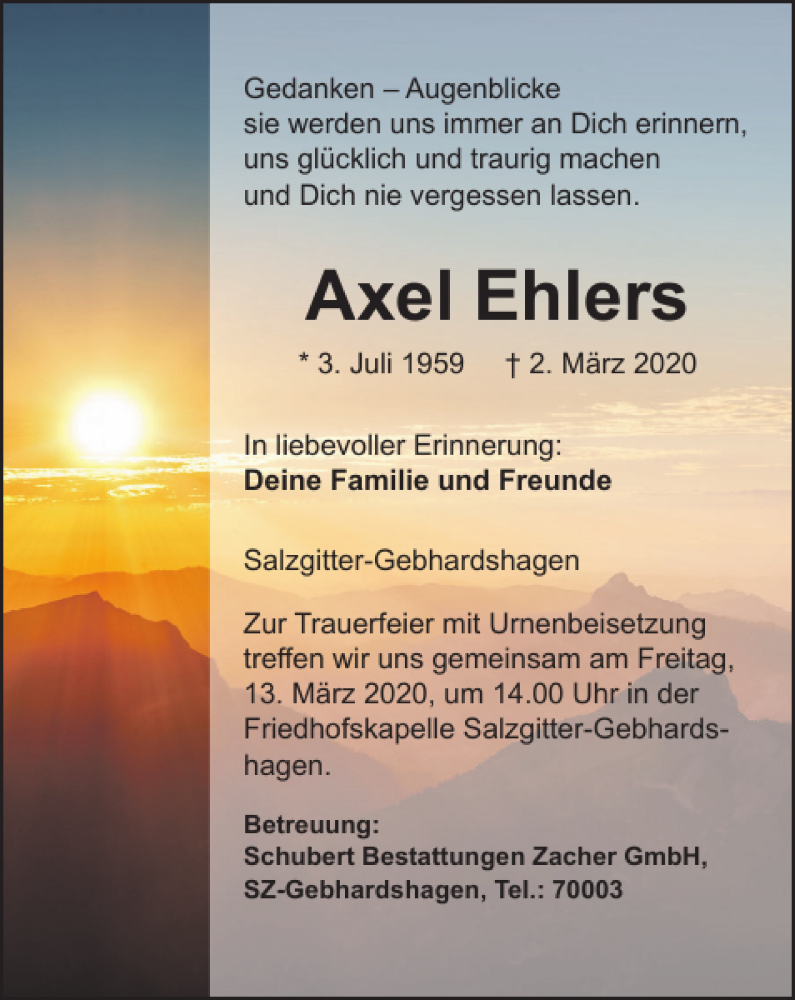  Traueranzeige für Axel Ehlers vom 09.03.2020 aus Salzgitter Zeitung