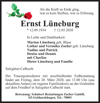Traueranzeige von Ernst Lüneburg von Salzgitter Zeitung