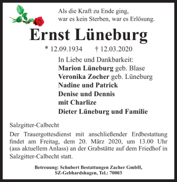 Traueranzeige von Ernst Lüneburg von Salzgitter Zeitung