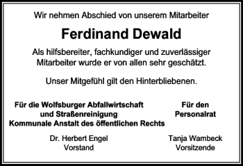 Traueranzeige von Ferdinand Dewald von Wolfsburger Nachrichten
