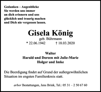 Traueranzeige von Gisela König von Braunschweiger Zeitung