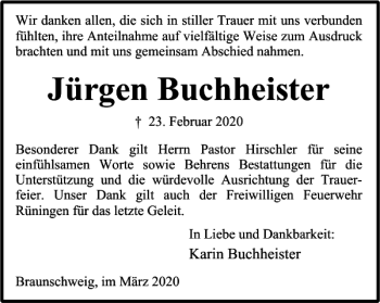 Traueranzeige von Jürgen Buchheister von Braunschweiger Zeitung