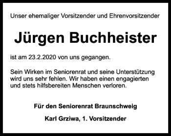 Traueranzeige von Jürgen Buchheister von Braunschweiger Zeitung