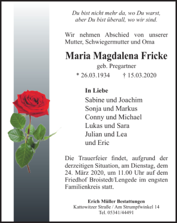Traueranzeige von Maria Magdalena Fricke von Salzgitter Zeitung