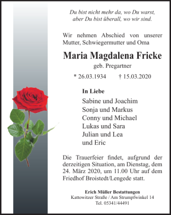 Traueranzeige von Maria Magdalena Fricke von Salzgitter Zeitung