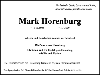 Traueranzeige von Mark Horenburg von Braunschweiger Zeitung