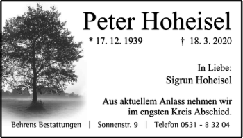 Traueranzeige von Peter Hoheisel von Braunschweiger Zeitung