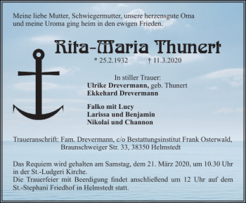 Traueranzeige von Rita-Maria Thunert von Helmstedter Nachrichten