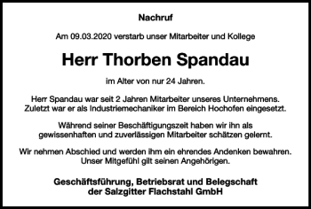 Traueranzeige von Thorben Spandau von Salzgitter Zeitung