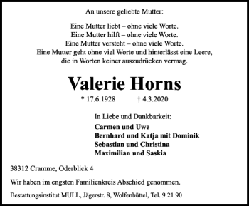 Traueranzeige von Valerie Horns von Wolfenbütteler Zeitung