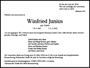 Traueranzeige von Winfried Junius von Braunschweiger Zeitung