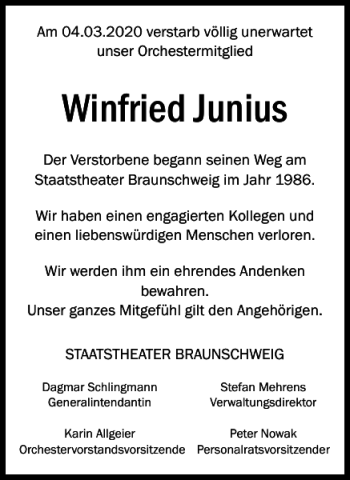 Traueranzeige von Winfried Junius von Braunschweiger Zeitung