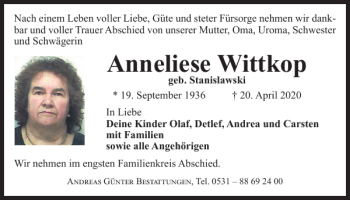 Traueranzeige von Anneliese Wittkop von Braunschweiger Zeitung