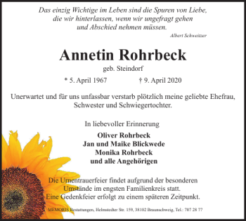 Traueranzeige von Annetin Rohrbeck von Braunschweiger Zeitung