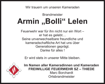 Traueranzeige von Armin Bolli Lelen von Salzgitter Zeitung