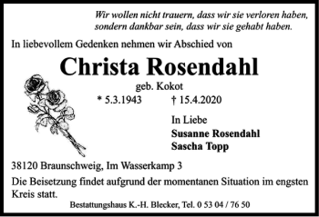Traueranzeige von Christa Rosendahl von Braunschweiger Zeitung
