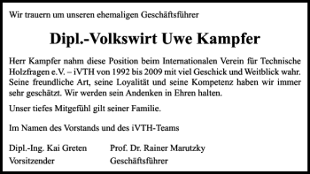 Traueranzeige von Dipl.-Volkswirt Uwe Kampfer von Braunschweiger Zeitung