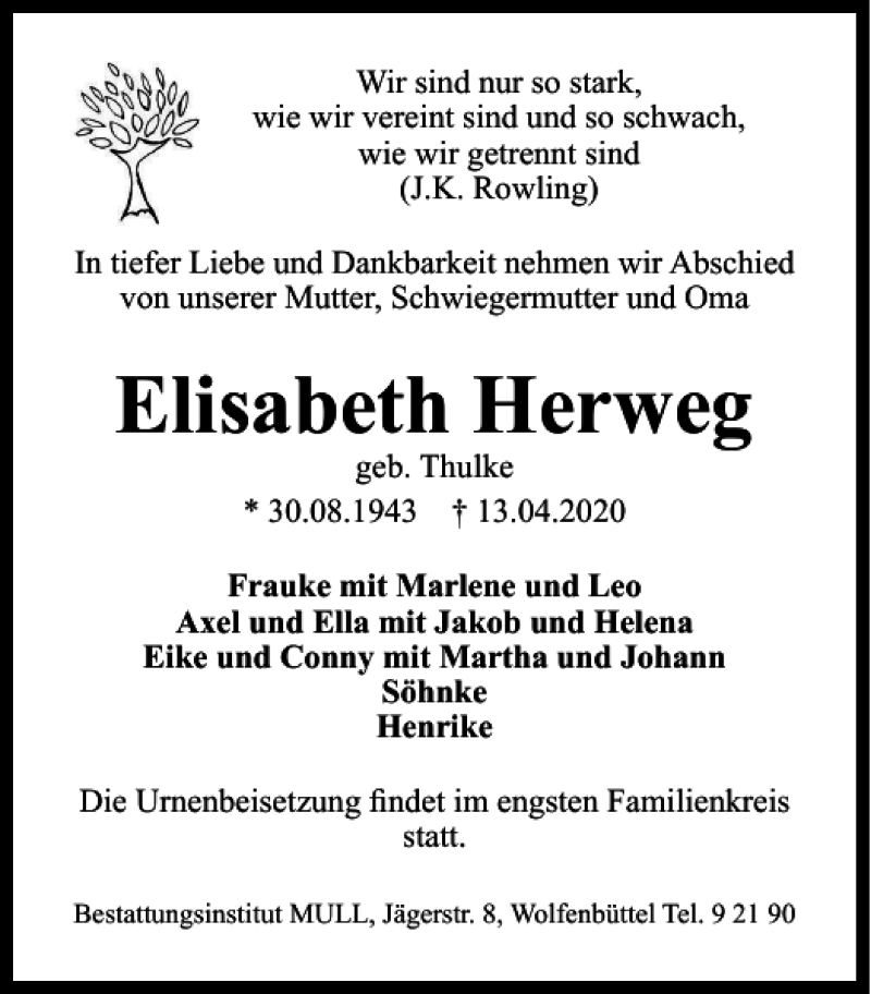  Traueranzeige für Elisabeth Herweg vom 17.04.2020 aus Wolfenbütteler Zeitung