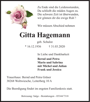 Traueranzeige von Gitta Hagemann von Peiner Nachrichten
