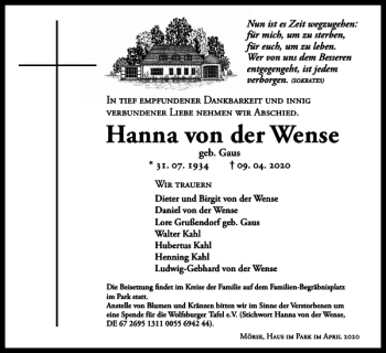 Traueranzeige von Hanna von der Wense von Wolfsburger Nachrichten