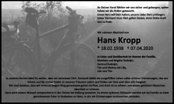 Traueranzeige von Hans Kropp von Braunschweiger Zeitung